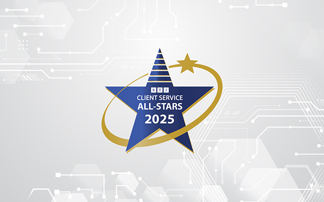 BTI Client Service All-Stars 2025 logo in navy blue and gold star on gray geometric background