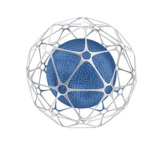 Image of a blue sphere surrounded by a silver cage