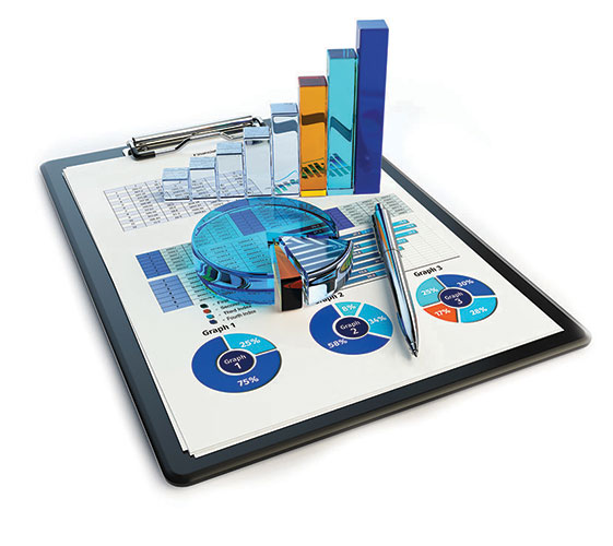 Image of a clipboard and paper depicting 3D pie charts and bar graphs