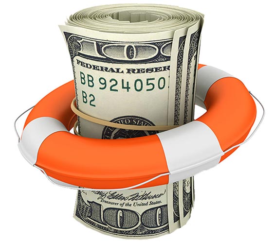 Image of a life buoy around a roll of $100 bills